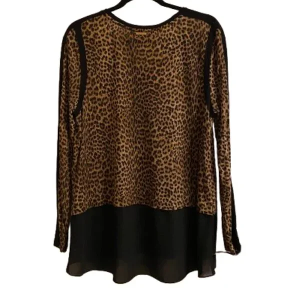 MICHAEL Michael Kors Leopard Black Colorblock Long Sleeve Blouse size XL - Picture 2 of 11